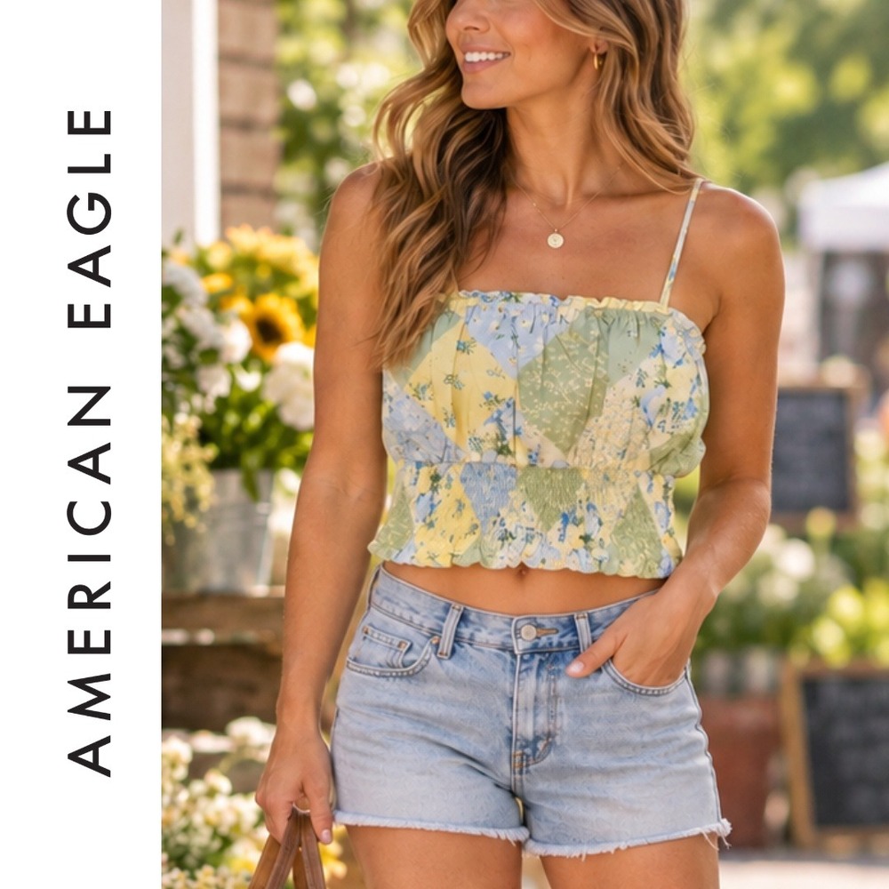 NWT, American Eagle, Floral Patchwork Smocked Cami Crop Top Yellow Blue Large